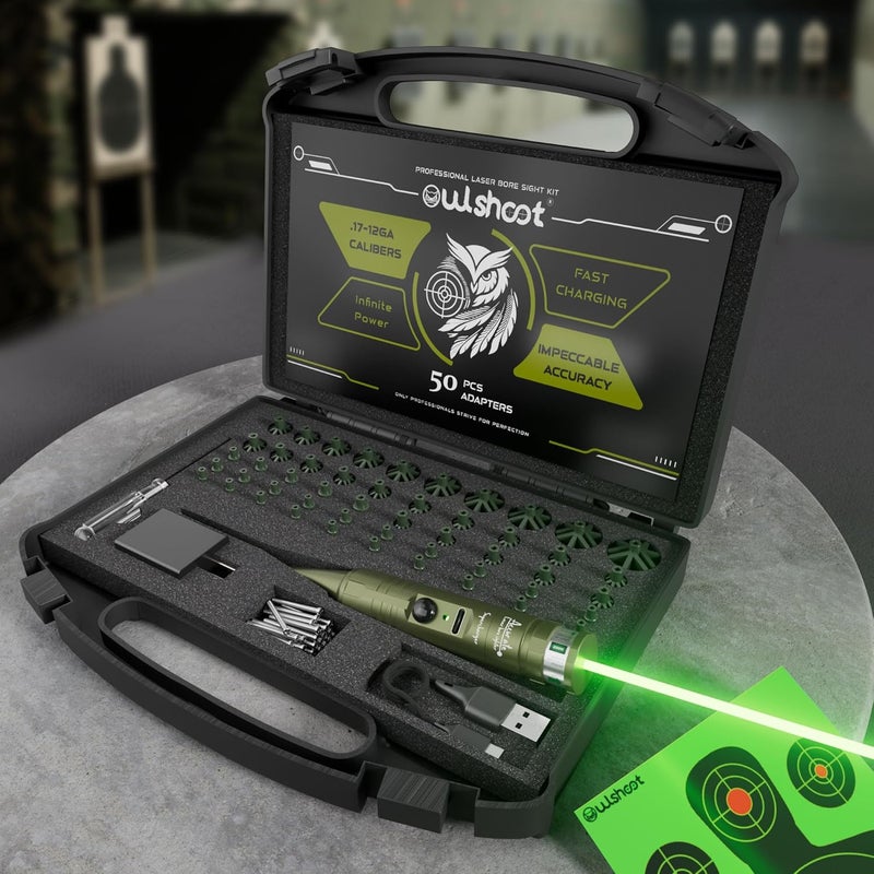 OWLSHOOT Rechargeable Bore Sight Laser Kit: Green/Red Laser Boresighter with 50 Adapters Fit for All Gun(0.17 to 12GA) - Multiple Caliber Quick Zeroing for Rifle Pistol - Shooter Essential - Image 1